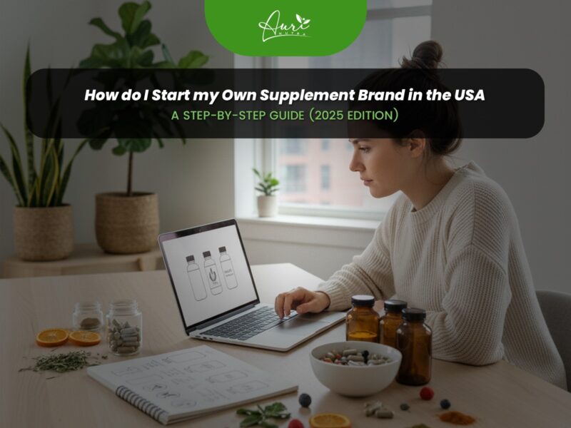 Supplement brand startup infographic showing comprehensive roadmap for launching a compliant dietary supplement business in the United States with 2025 FDA regulations and industry standards