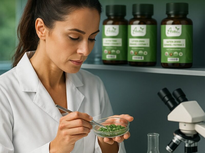 Female scientist in lab coat analyzing green plant-based ingredients for dietary supplements in a laboratory setting, with Auri Nutra supplement bottles in the background.