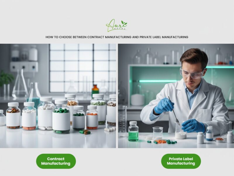 Auri Nutra infographic titled 'How to Choose Between Contract Manufacturing and Private Label Manufacturing', illustrating the two different business models for supplement brands.