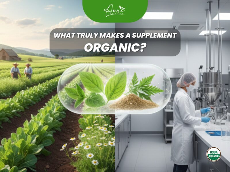 Auri Organic infographic with the question 'What Truly Makes a Supplement Organic?' answered by the USDA Organic seal, representing official certification standards
