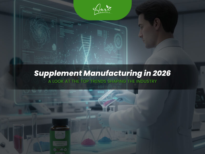 Industry trends visual from Auri Nutra exploring the future of supplement manufacturing, highlighting key developments and innovations expected to dominate in 2026